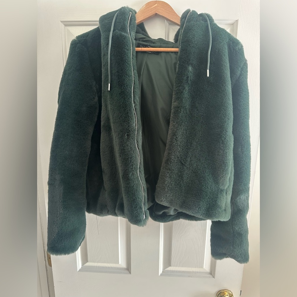 Rachel Zoe Deep Green Plush Hooded Teddy Jacket